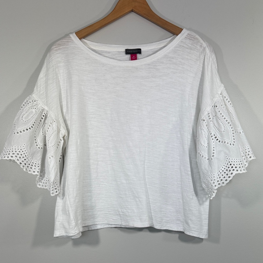Vince Camuto White Eyelet Sleeve Cotton Shirt Size Medium